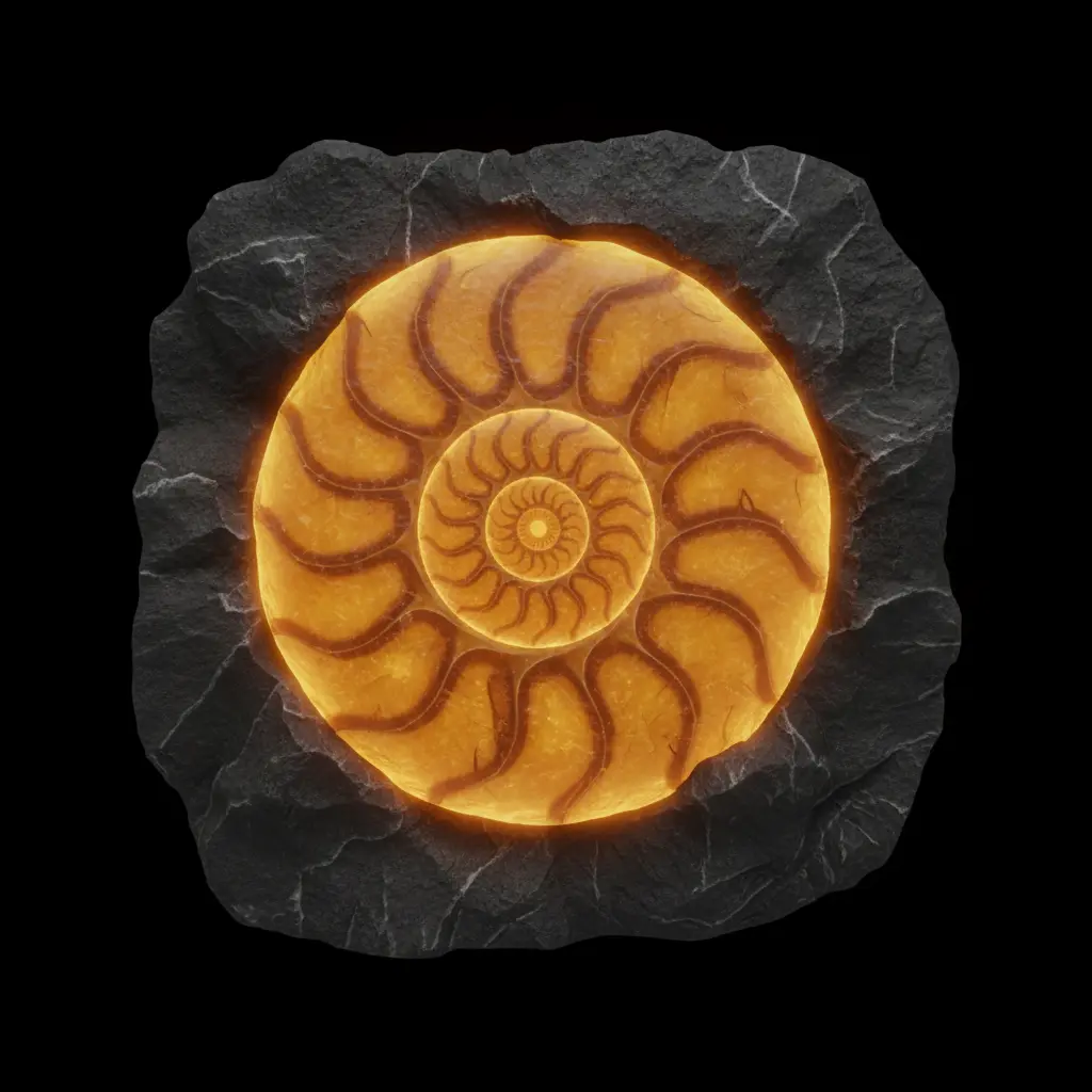 A glowing amber fossil embedded in rock