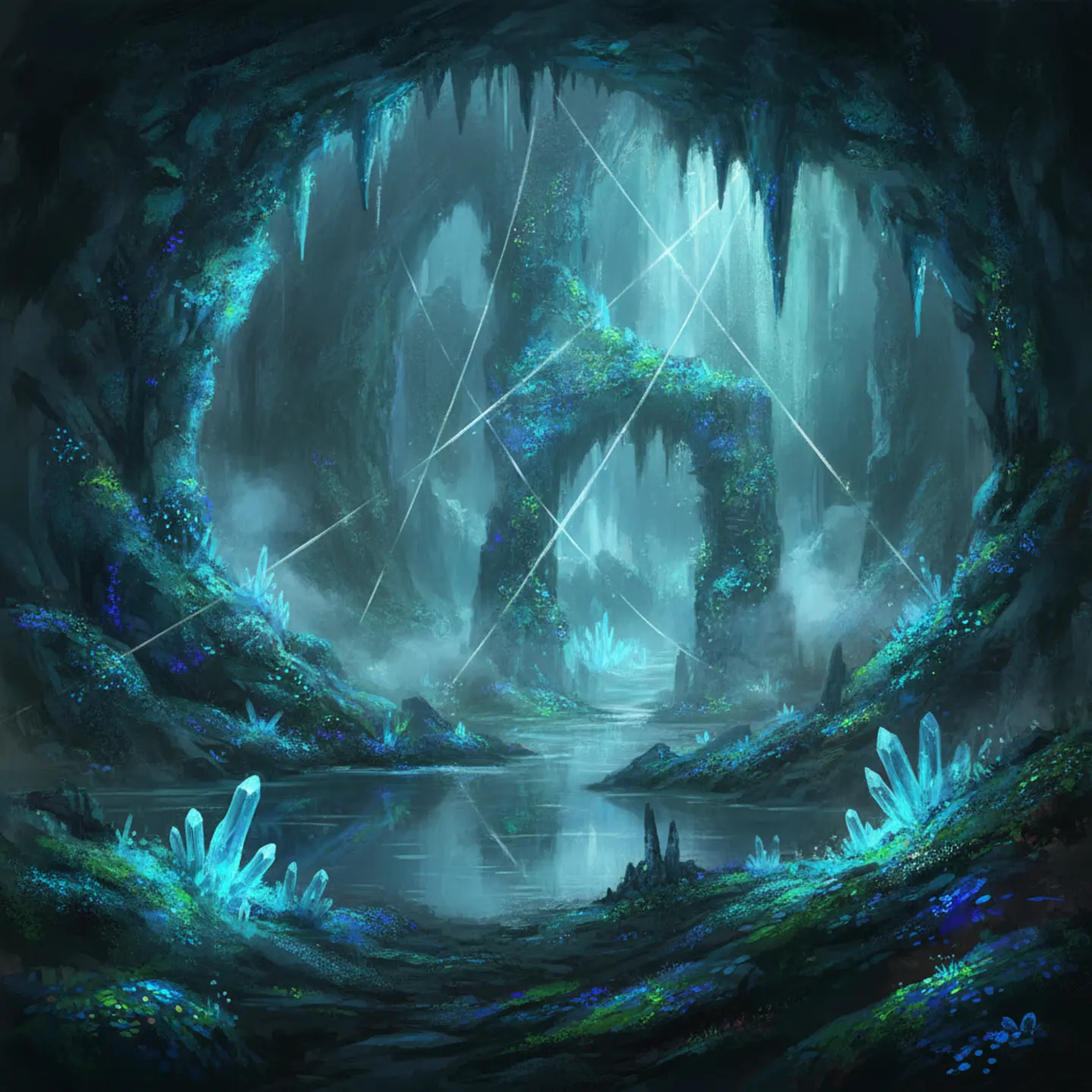 Bioluminescent cavern with glowing blue and green flora