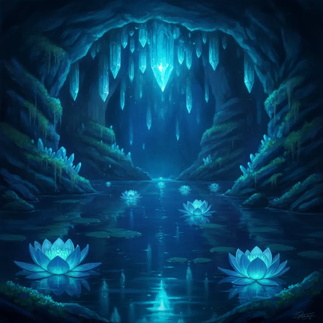 A perfectly still underground lake glowing cyan
